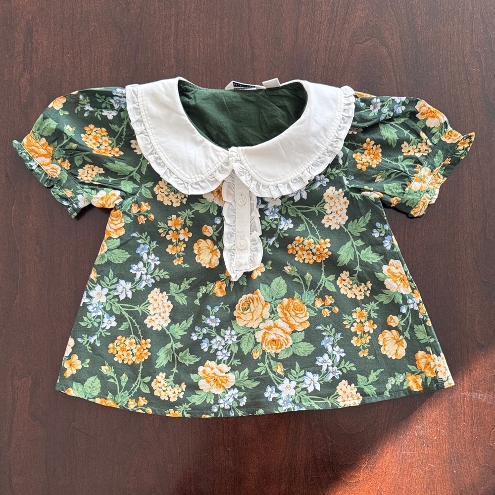 Janie and Jack Green Floral Blouse with White Collar